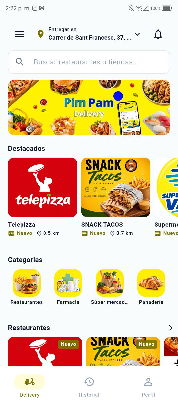 Pantalla principal de la app Pim Pam Delivery: categorías, restaurantes destacados y buscador