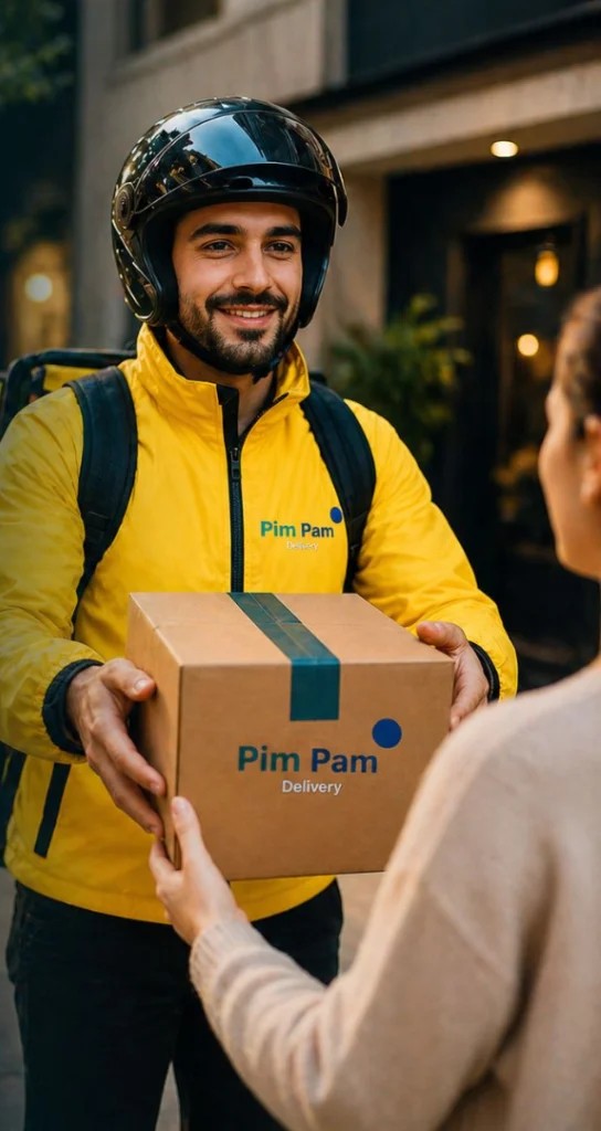 Repartidor de Pim Pam Delivery entregando un pedido en la puerta de un cliente